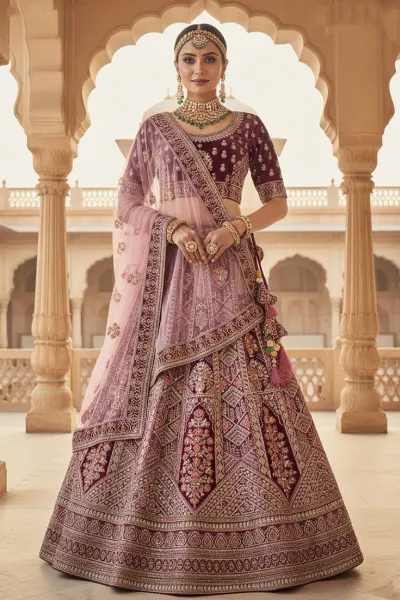 Velvet Fabric Embroidered Purple Bridal Lehenga Choli