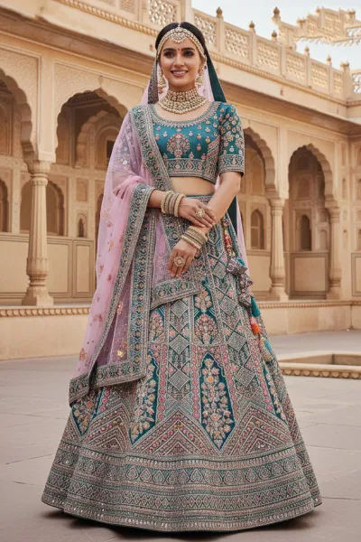 Velvet Fabric Teal Embroidered Bridal Lehenga Choli
