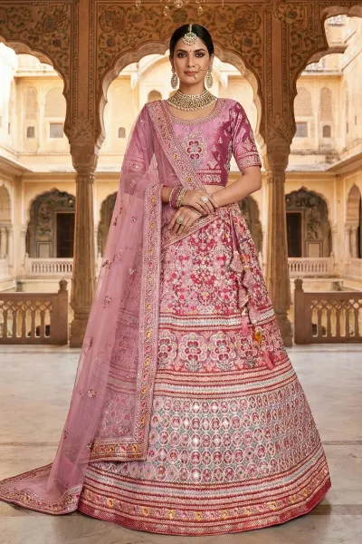 Embroidered Velvet Pink Bridal Lehenga Choli