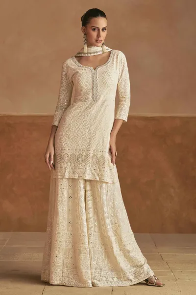 Ethnic Georgette Embroidered Readymade Palazzo Suit In Off White Color