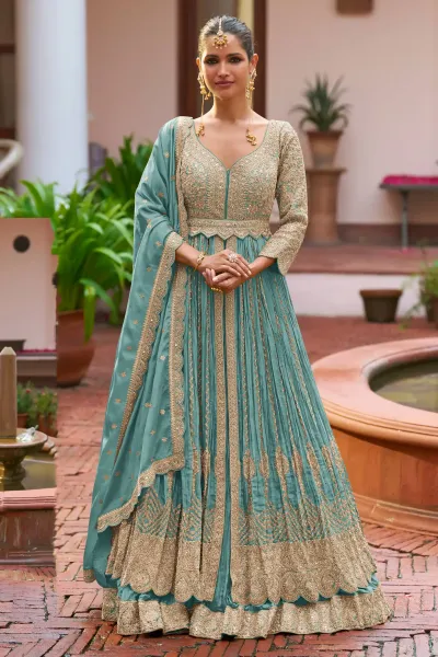Chinon Sky Blue Readymade Long Top With Designer Skirt