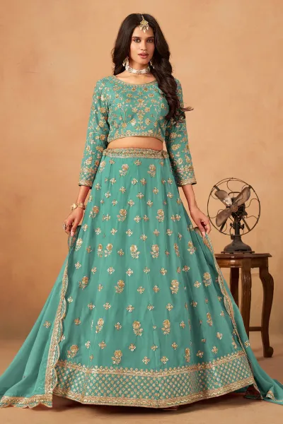 Organza Lehenga Choli With Embroidered In Cyan Color