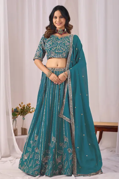 Designer Cyan Sequins Work Wedding Wear Lehenga Choli