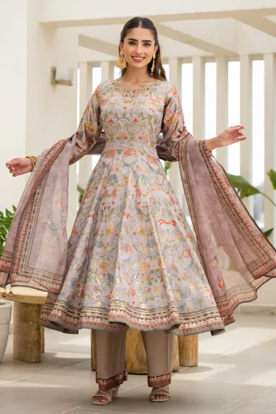 Art Silk Digital Printed Green Festive Wear Readymade Anarkali Style Salwar Suit