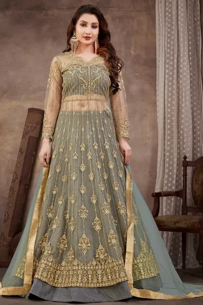 Function Look Tempting Net Fabric Sharara Top Lehenga In Grey Color