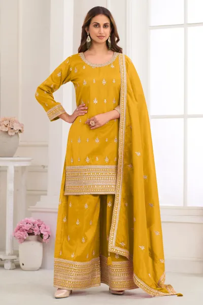Stylish Yellow Festive Wear Readymade Palazzo Salwar Kameez With Embroidered Work