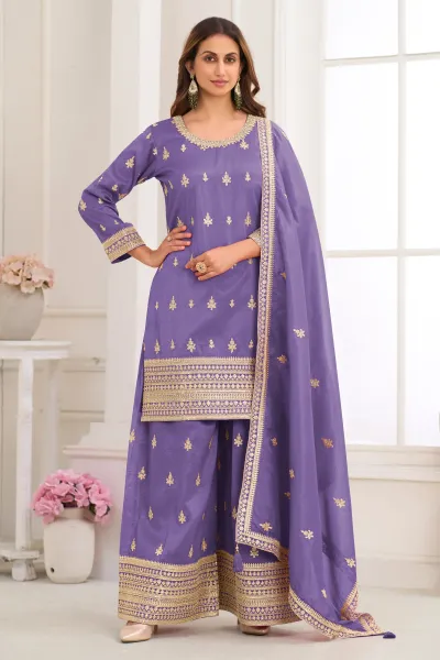Designer Purple Festive Wear Embroidered Readymade Palazzo Suit