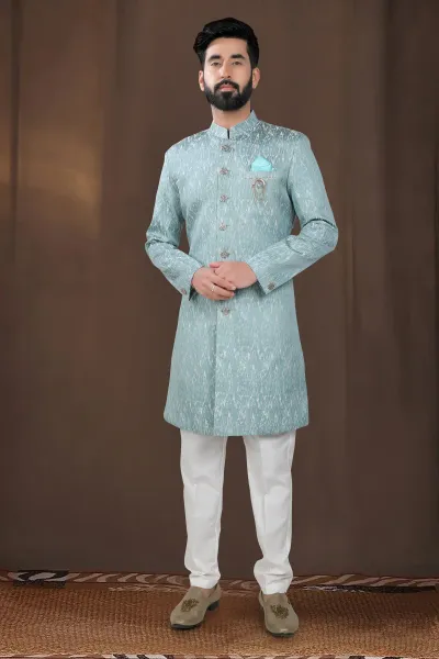 Green Jacquard Wedding Wear Readymade Indo Western