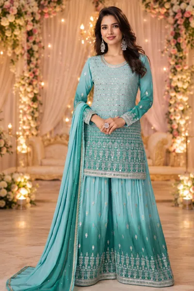 Cyan Georgette Readymade Palazzo Salwar Kameez
