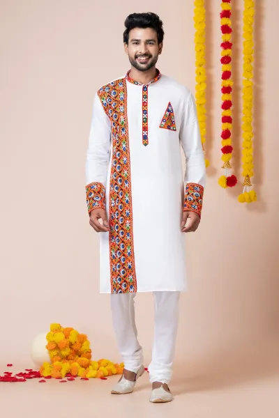 White Color Heavy Rayon Fabric Designer Readymade Kurta Pyjama For Men