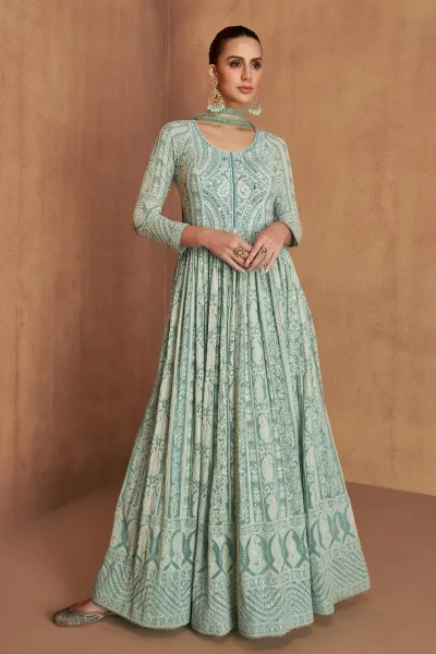 Embroidered Georgette Light Cyan Readymade Anarkali Suit For Party Wear