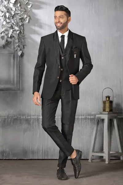 Splendiferous Black Color Rayon Fabric Coat Suit