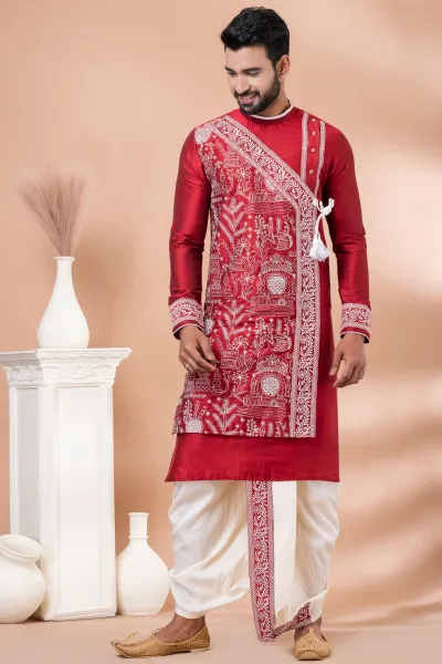 Embroidery Red Viscose Graceful Readymade Men Kurta Pyjama For Festive Wear