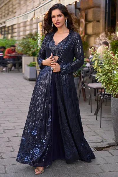 Georgette Sequins Embroidered Indo Western Crop Top With Palazzo And Shrug