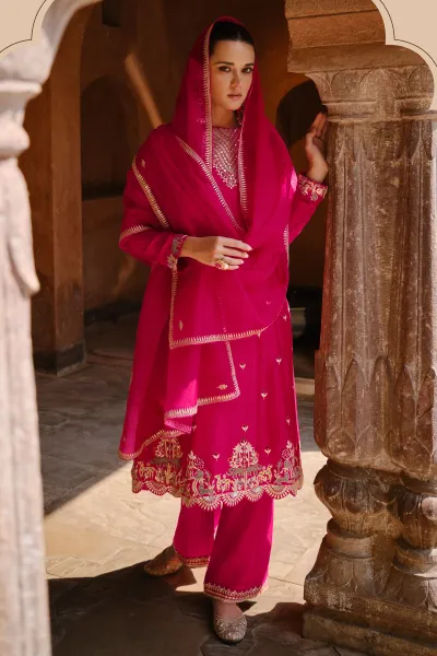 Georgette Silk Rani Color Readymade Designer Salwar Suit