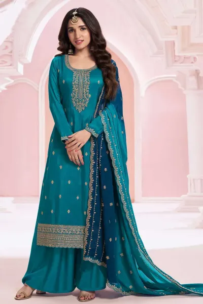 Nidhi shah Teal Color Vichitra Fabric Elegant Palazzo Suit