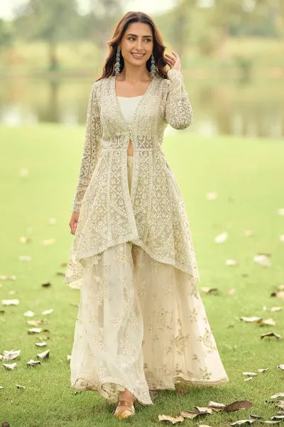 Net Beige Embroidered Readymade Palazzo Salwar Suit