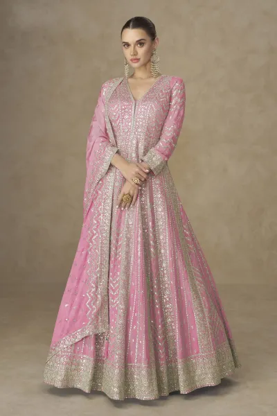 Embroidered Chinon Silk Pink Designer Readymade Gown With Dupatta For Function Wear