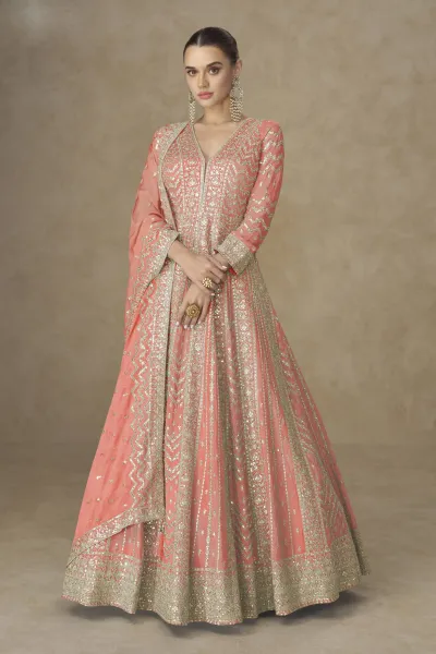Chinon Silk Embroidered Peach Designer Readymade Gown With Dupatta For Function Wear