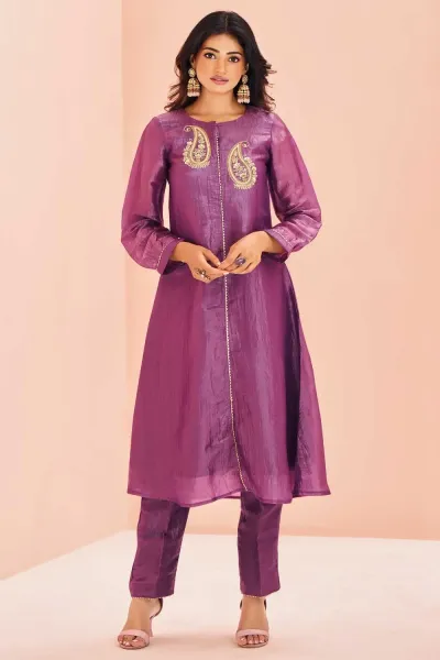 Sober Purple Color Organza Fabric Kurti With Bottom