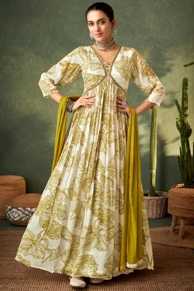 Printed Chinon Readymade Gown In White Green