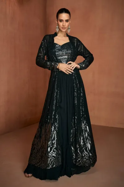 Georgette Fabric Black Readymade Palazzo Set With Designer Blouse And Jacket