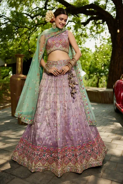 Tissue Bridal Lehenga Choli With Sequins Embroidered In Lavender Color
