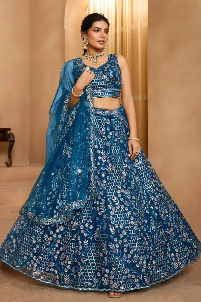 Navy Blue Net Fabric Lehenga Choli For Wedding Wear