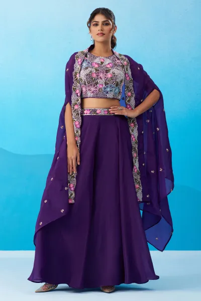 Festive Wear Purple Crepe Indo Western Crop Top Palazzo Set With Embroidered Cape