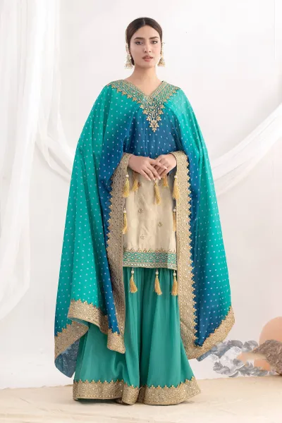 Cyan Viscose Jacquard Readymade Sharara Palazzo Suit With Kaftan Style Dupatta