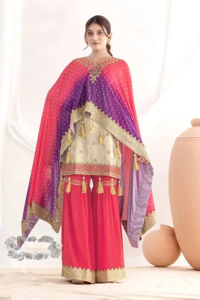 Pink Party Wear Embroidered Party Wear Designer Sharara Palazzo Suit With Kaftan Style Dupatta