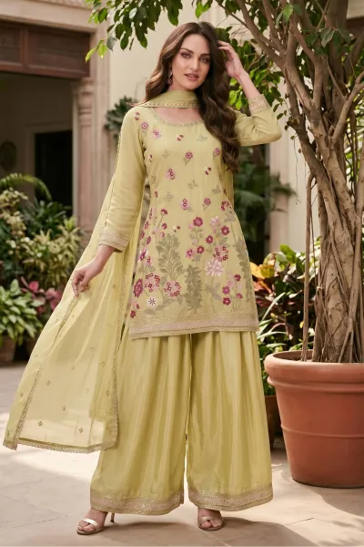 Embroidered Yellow Chinon Readymade Palazzo Salwar Suit
