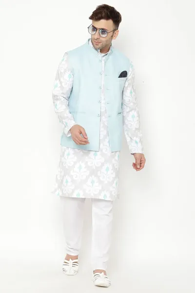 Wedding Wear White Color Cotton Fabric Kurta Pyjama With Jacket