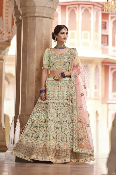 Sea Green Crepe Fabric Attractive Embroidered Wedding Wear Lehenga Choli