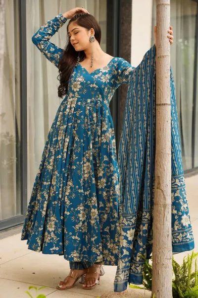 Attractive Cyan Muslin Printed Readymade Anarkali Suit