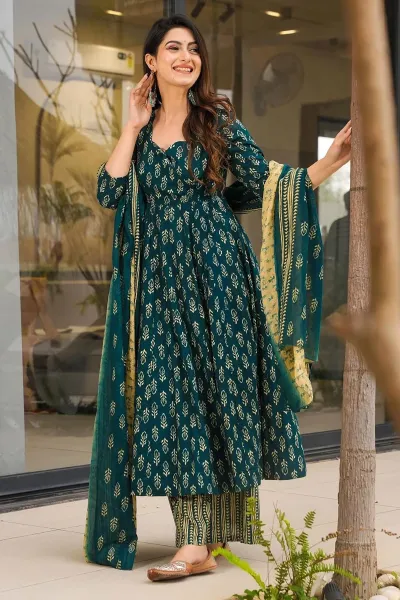 Lovely Teal Printed Readymade Anarkali Salwar Kameez