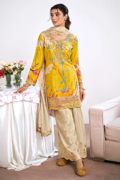 Lovely Yellow Embroidery Work Readymade Palazzo Salwar Kameez