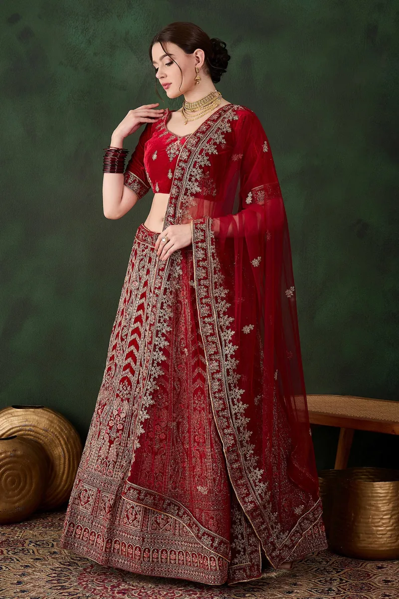Regal Heritage Maroon Embroidered Velvet Wedding Lehenga Choli