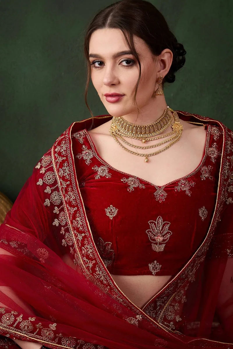 Luxury Velvet Zari Embroidered Maroon Bridal Lehenga Choli