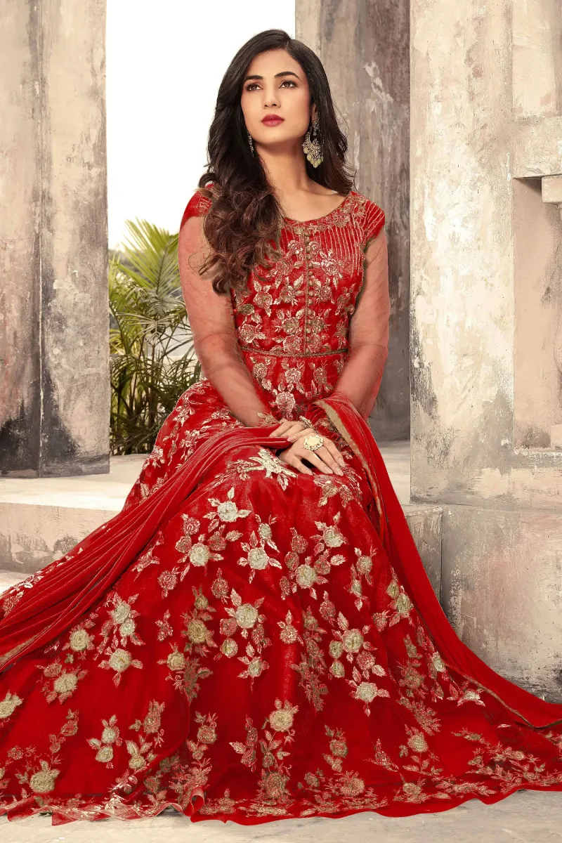 Sonal Chauhan Red Embroidered Georgette Anarkali Salwar Suit