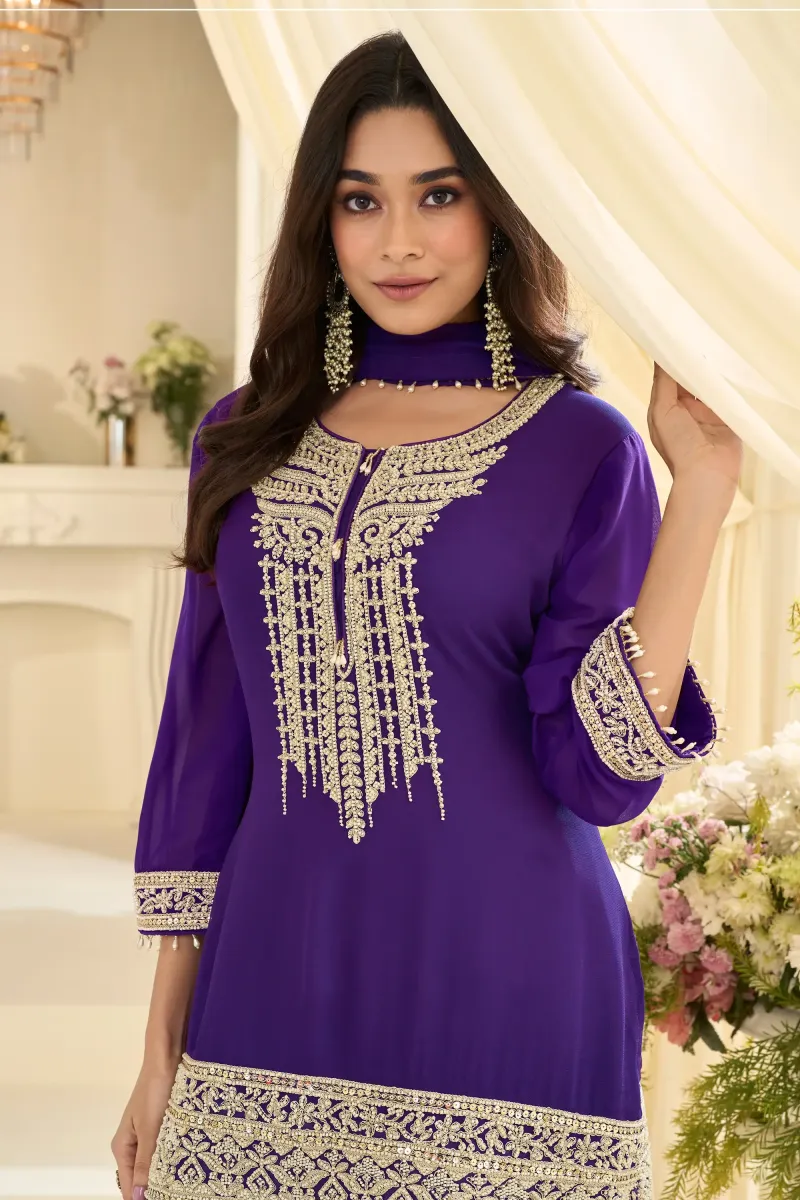 Embroidered Georgette Readymade Salwar Suit In Purple Color