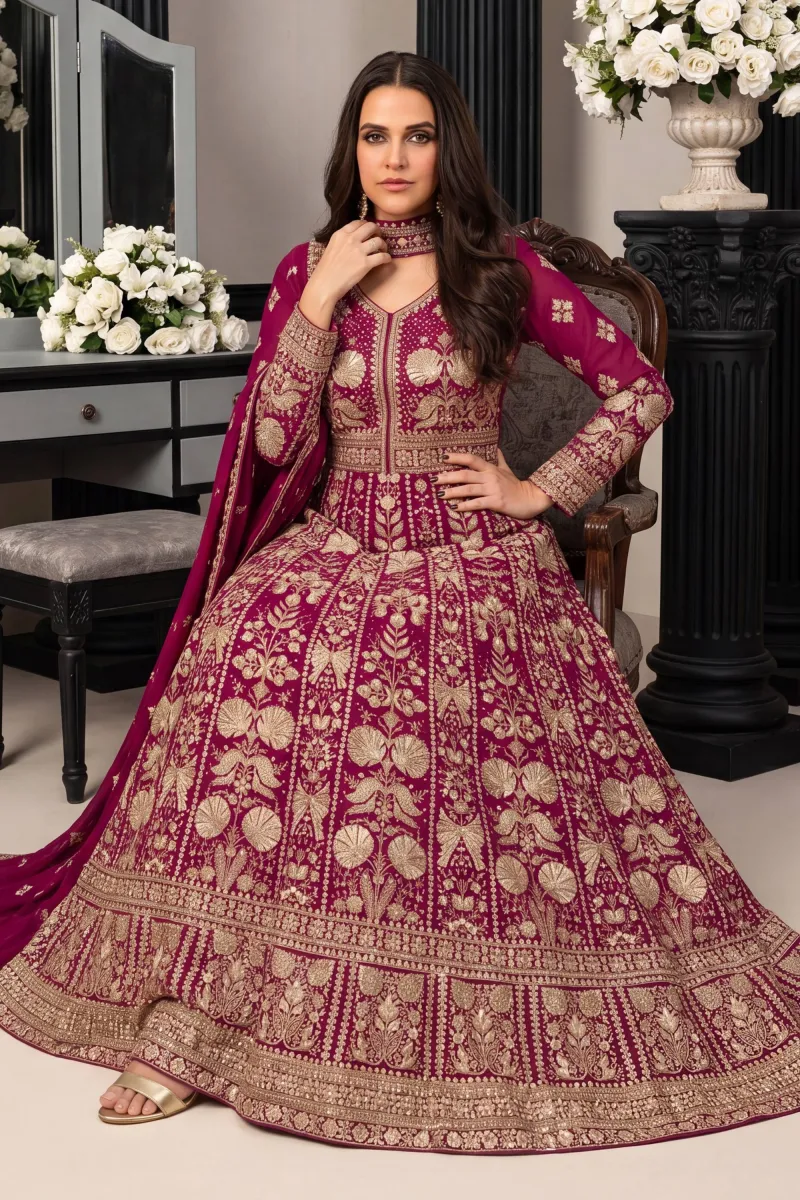 Embroidered Magenta Georgette Readymade Anarkali Salwar Suit