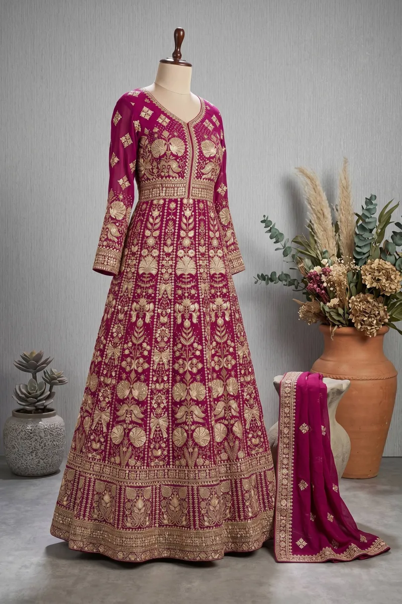 Embroidered Magenta Georgette Readymade Anarkali Salwar Suit