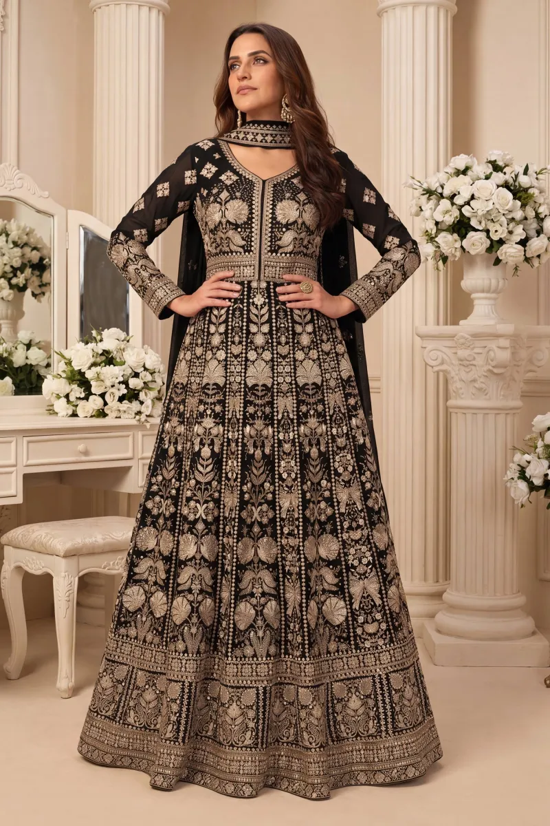 Georgette Black Embroidered Readymade Anarkali Salwar Suit