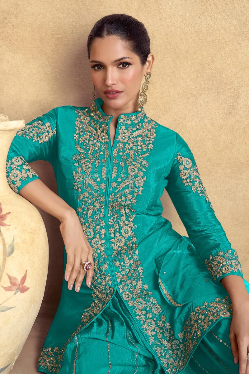 Cyan Premium Chinon Silk Readymade Palazzo Set