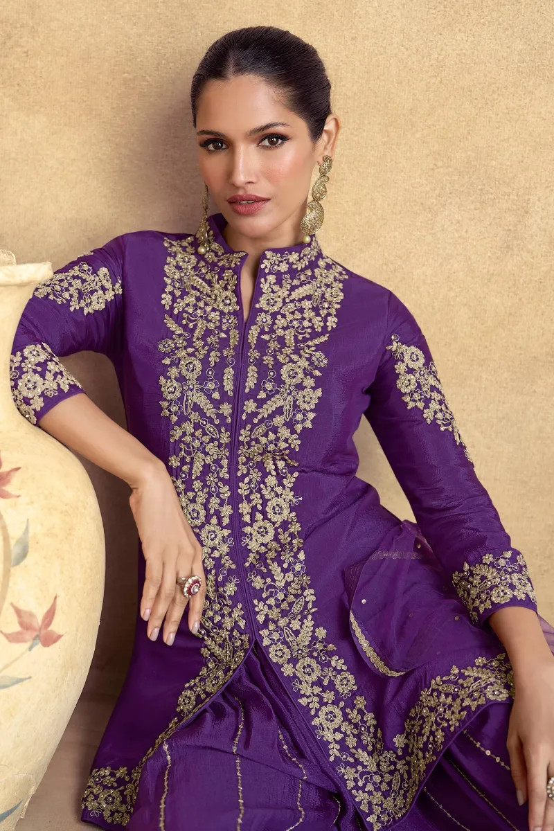 Embroidered Purple Chinon Silk Salwar Suit