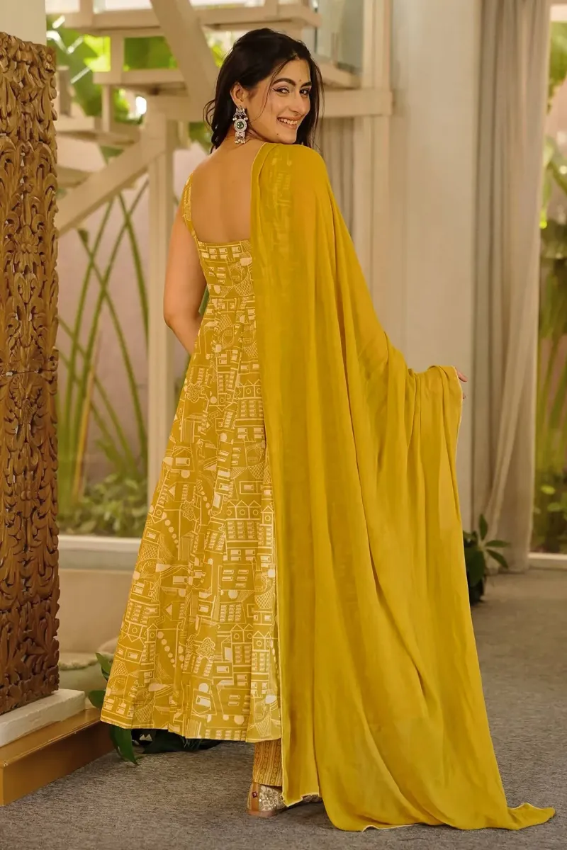 Traditional Yellow Printed Function Wear Readymade Anarkali Dress