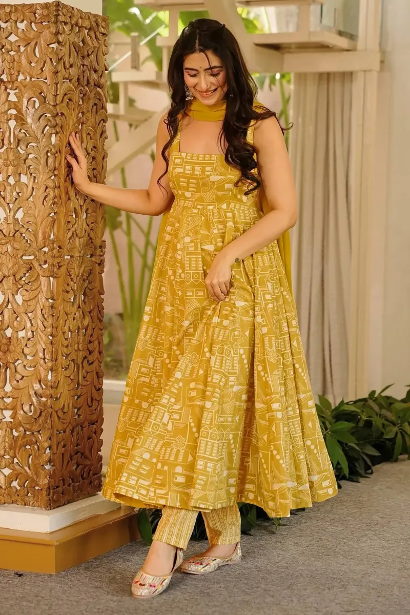 Traditional Yellow Printed Function Wear Readymade Anarkali Dress