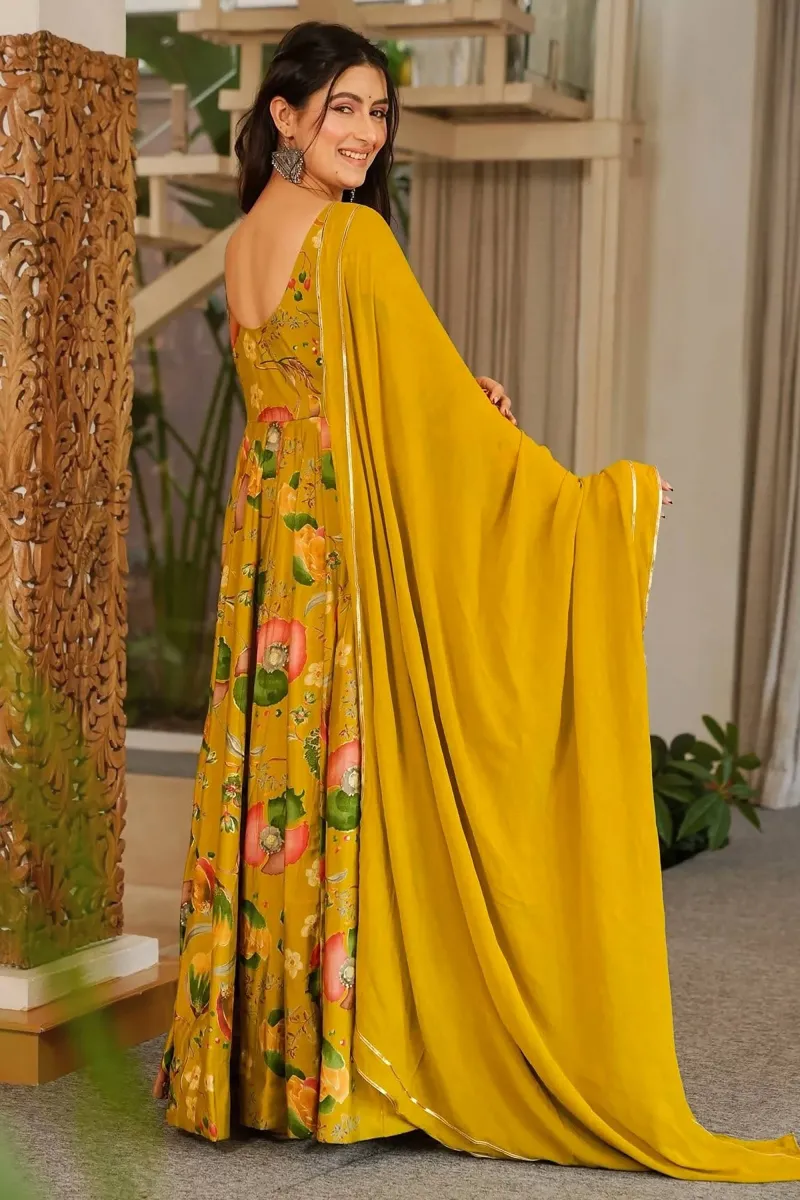 Yellow Rayon Printed Readymade Anarkali Salwar Kameez