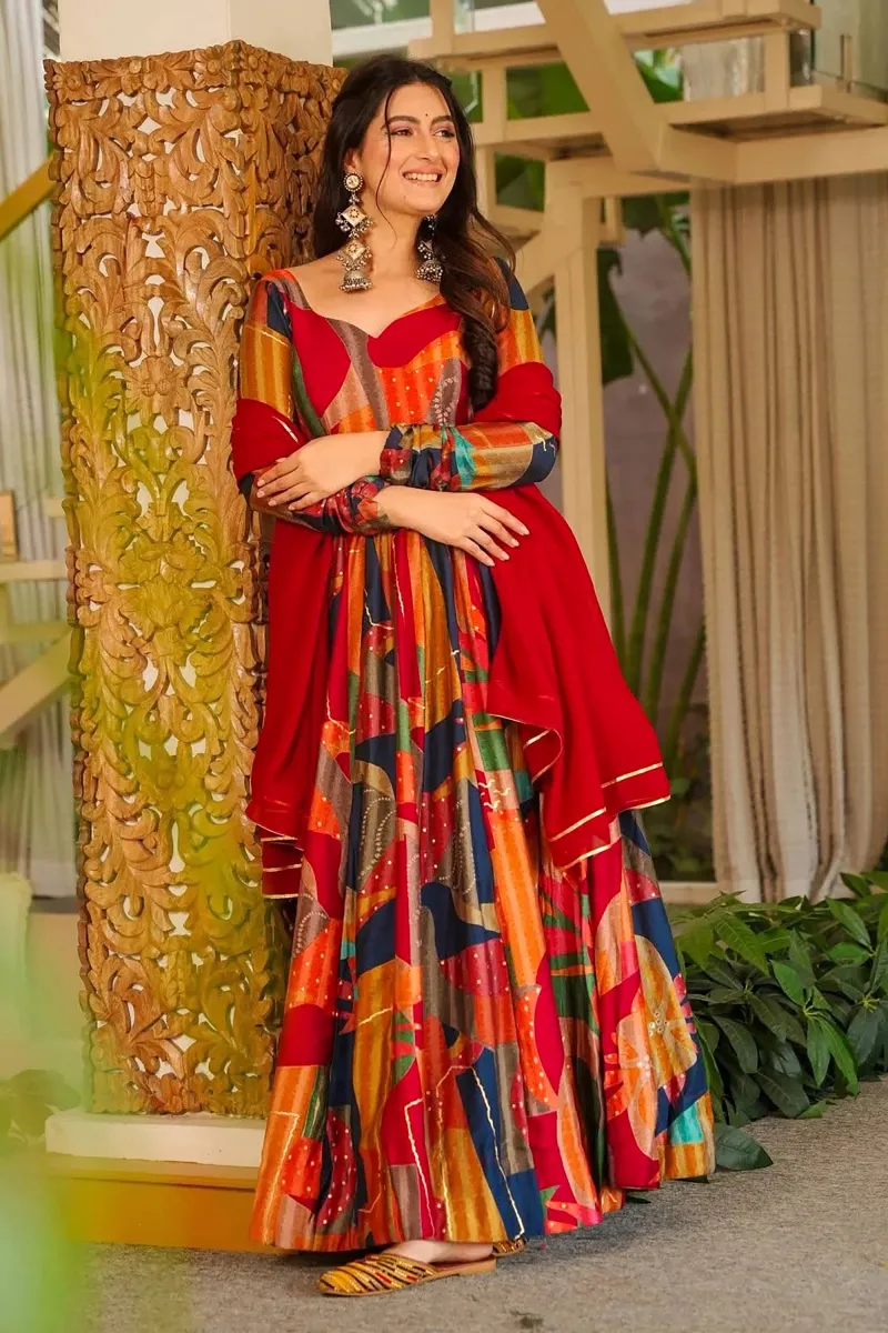 Rayon Multi Color Printed Readymade Anarkali Salwar Suit